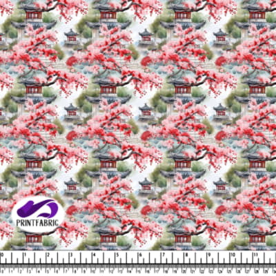 Peinture Aquarelle de Pagode Chinoise avec Fleurs de Cerisier