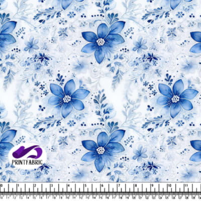 Motif Floral sur Fond Blanc avec Fleurs Bleues et Blanches