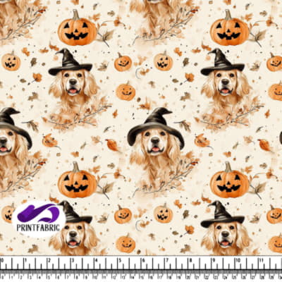 Whimsical Halloween Pattern with Dogs and Pumpkins