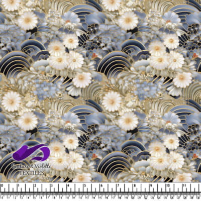 Motif Bleu et Or avec Fleurs, Papillons et Oiseaux