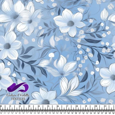 Fond Abstrait Bleu avec Fleurs et Feuilles Blanches