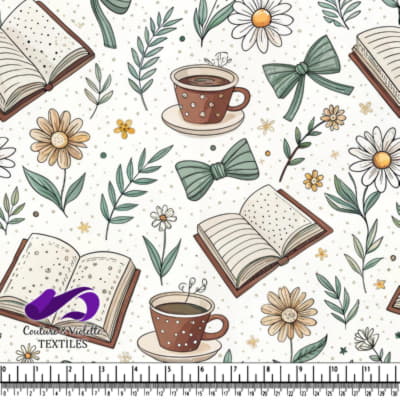 Cozy Floral and Book Pattern with Coffee Cups