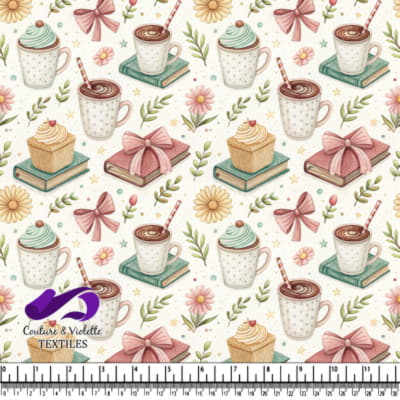 Whimsical Coffee and Cupcake Pattern with Books and Flowers