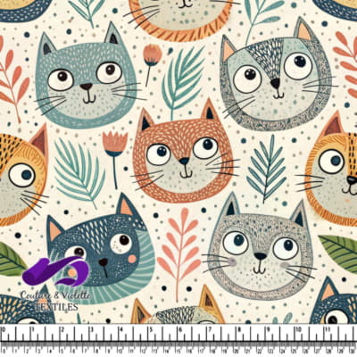 Visages de Chats Colorés et Fantaisistes avec Fleurs et Feuilles