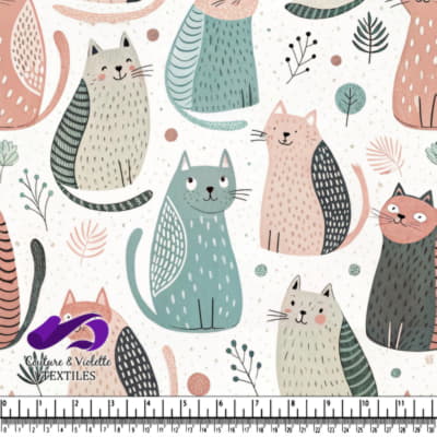 Chats colorés et éléments botaniques délicats sur fond blanc