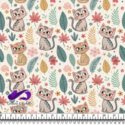 Chats ludiques et feuilles florales colorées