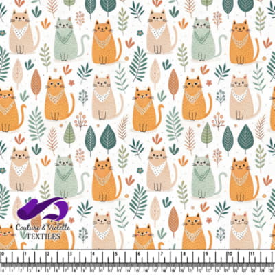 Chats souriants entourés de feuilles et de fleurs