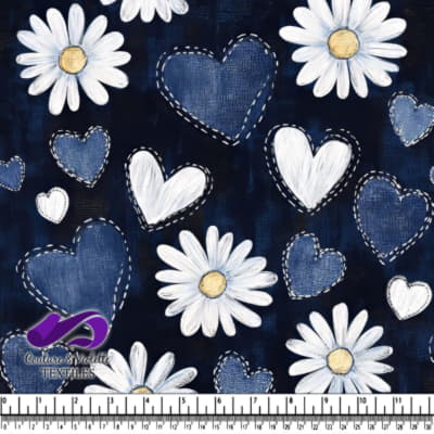 White daisies and stitched blue hearts on dark blue background