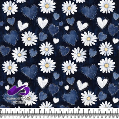 White daisies and stitched blue hearts on dark blue background