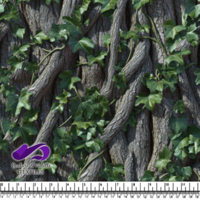 Tree bark with green ivy leaves growing