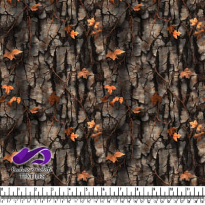 Dark textured tree bark with scattered autumn leaves