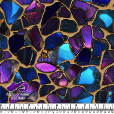 Motif de mosaïque iridescent bleu et violet avec des formes irrégulières et du coulis doré