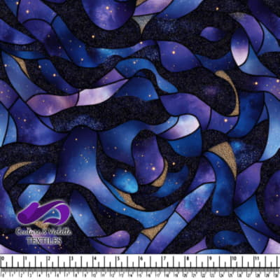 Abstract galaxy and starry night sky pattern in shades of blue and purple with gold accents