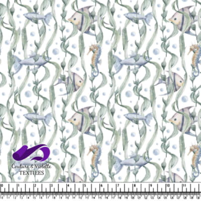 Underwater scene with fish seahorse seaweed