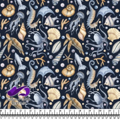 Sea creatures seashells and pearls on dark background