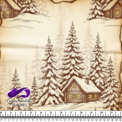 Scène de chalet d'hiver vintage avec des arbres couverts de neige