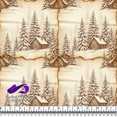 Scène de chalet d'hiver vintage avec des arbres couverts de neige