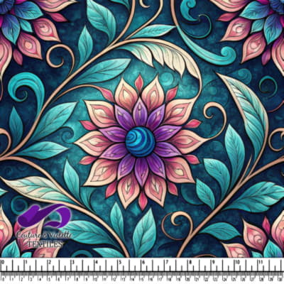 Intricate Floral Pattern with Blue and Pink Leaves and Swirls