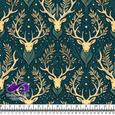 Golden Stag Heads with Antlers and Botanical Elements Pattern