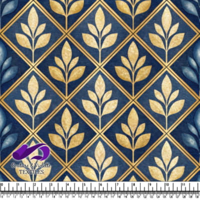 Blue and Gold Leaf Patterned Fabric with Diamond Grid Design