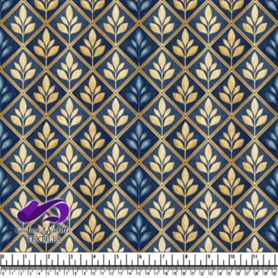 Blue and Gold Leaf Patterned Fabric with Diamond Grid Design