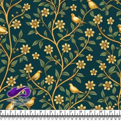 Golden Birds and Flowers on Dark Green Background Pattern