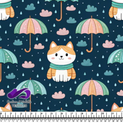 Mignon Chat Sous des Parapluies avec Nuages et Gouttes de Pluie