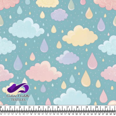 Motif de Nuages Pastel et Gouttes de Pluie sur Fond Bleu