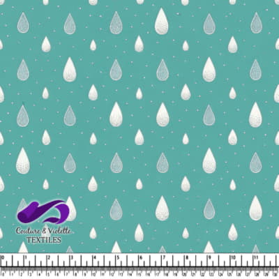 Teal Rain Drop Pattern Fabric with White and Grey Drops