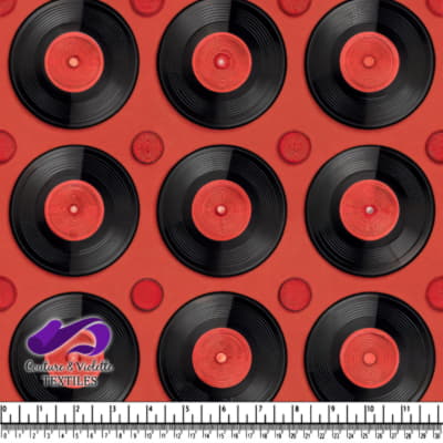 Vintage Vinyl Record Pattern on Red Fabric Background