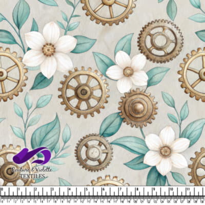 Motif Floral Steampunk avec Rouages et Fleurs Blanches