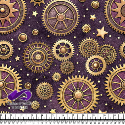 Steampunk Gears and Stars Pattern on Dark Purple Background