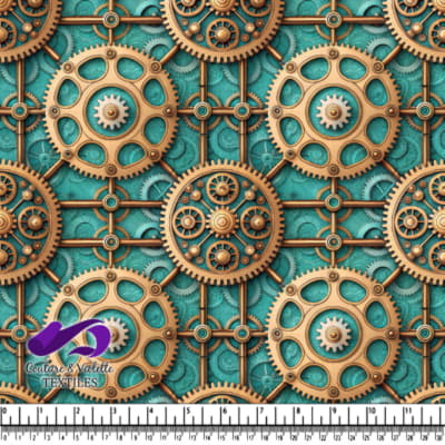 Intricate bronze gears mechanism on turquoise background