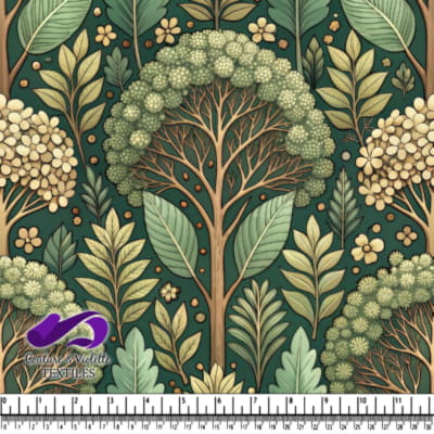 Lush Botanical Pattern with Stylized Trees and Leaves