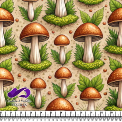 Champignons avec Feuilles Vertes sur Fond Terre