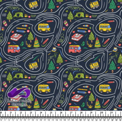 Carte routière colorée sur le thème scolaire avec des bus, des arbres, des crayons et des fournitures scolaires