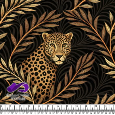 Léopard assis parmi des feuilles tropicales dorées et bronzées