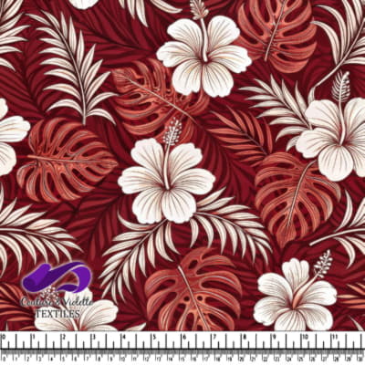 Tropical floral pattern with white hibiscus and red palm
