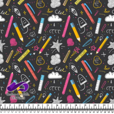 Doodle coloré de fournitures scolaires sur fond sombre