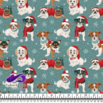 Chiens festifs portant des chapeaux d'hiver et des écharpes sur un fond bleu