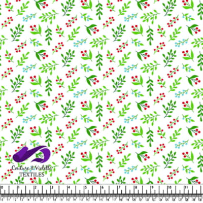 Motif festif de feuilles vertes et baies rouges sur fond blanc