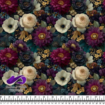 Floral pattern with deep purple and ivory flowers