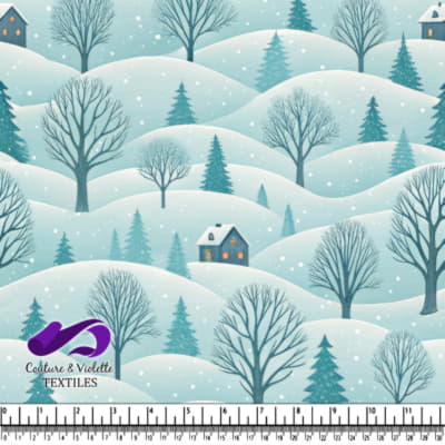 Winter landscape with snow-covered hills trees and cozy cabins at dusk