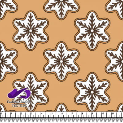 Decorated snowflake gingerbread cookies on a warm brown background