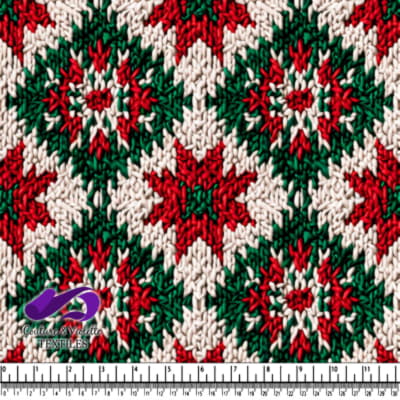 Festive red green and white knitted pattern with stars and snowflakes design