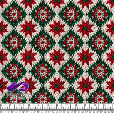 Festive red green and white knitted pattern with stars and snowflakes design