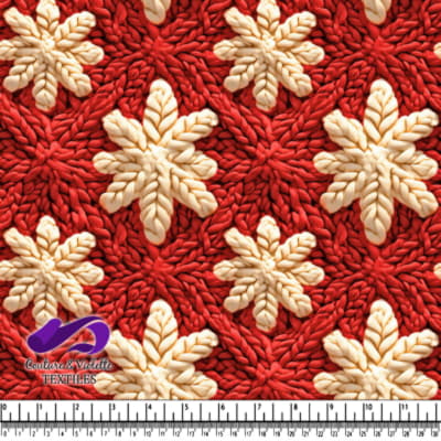 Close up of textured red and cream floral crochet fabric