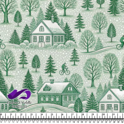 Paysage d'hiver avec des maisons enneigées, des arbres et des cyclistes sur un fond vert