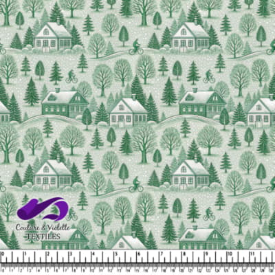 Paysage d'hiver avec des maisons enneigées, des arbres et des cyclistes sur un fond vert