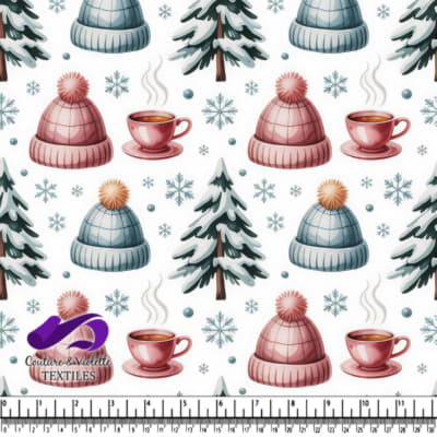 Winter hats hot tea pine trees and snowflakes